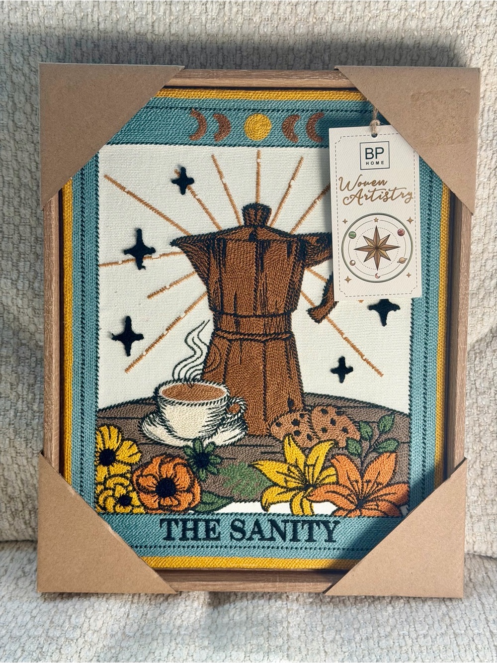 BP Home The Sanity Embroidered Wall Art 12x15” Moka Pot Tarot Card Coffee Decor